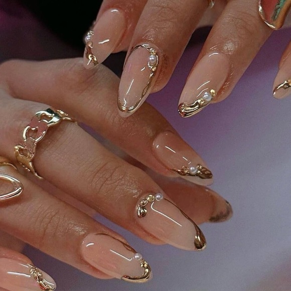 Other - Elegant‎ Chrome Gold and Cream Nail Fake Press Ons 24 Pieces